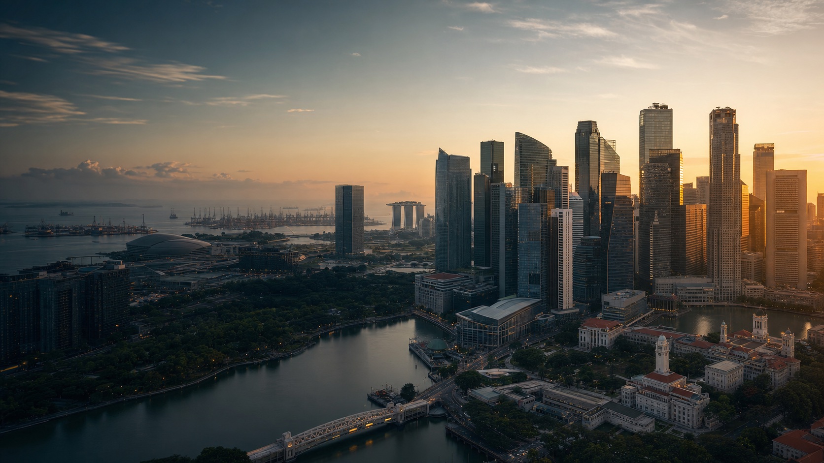 Singapore financial district and waterfront at sunrise