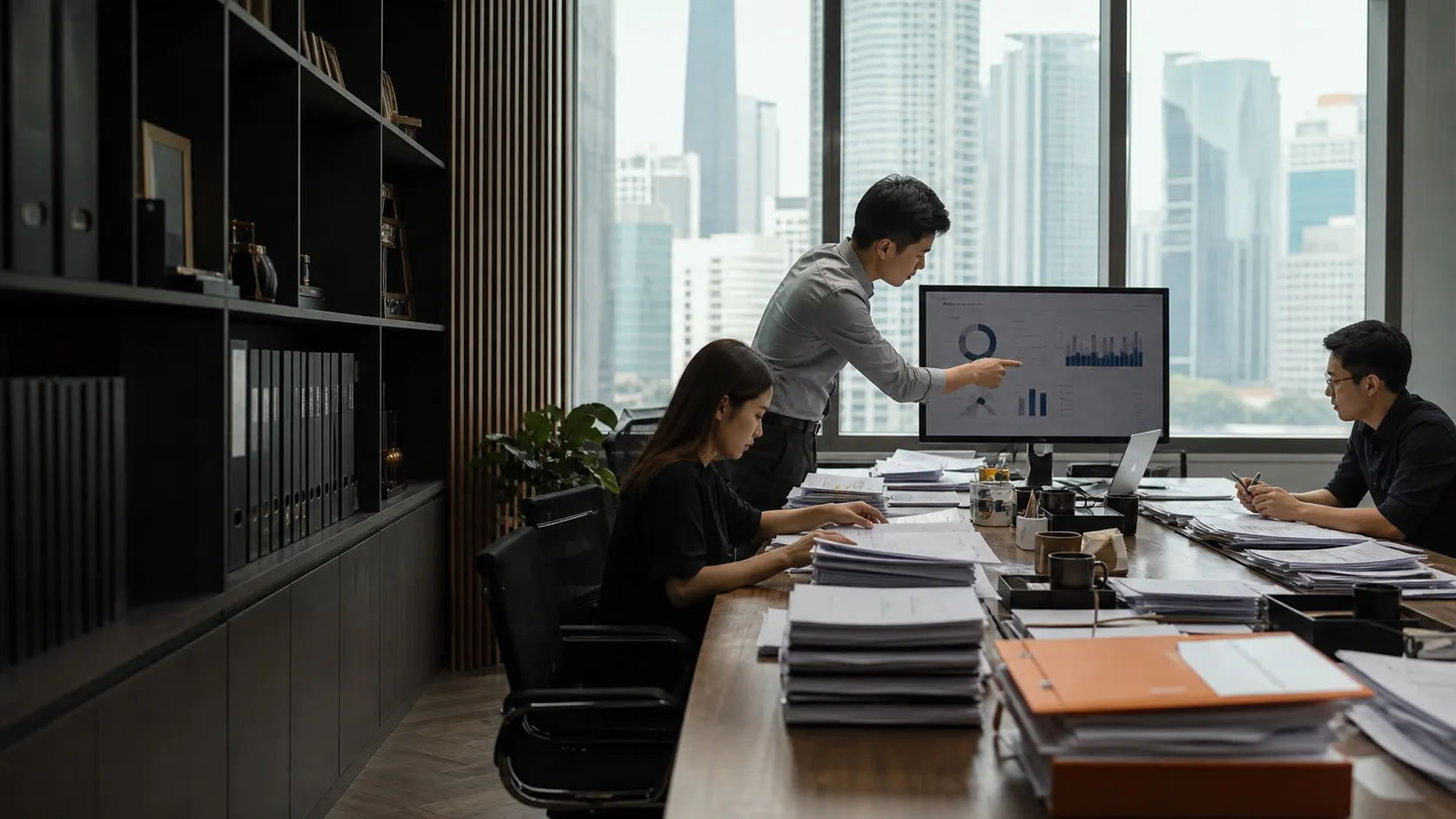 Accounting team reconciling financial records in a Singapore office